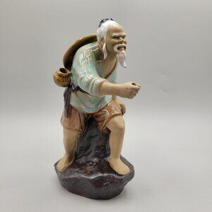 Chinese Mud Man With Basket Figurine On Rock Base Incomplete